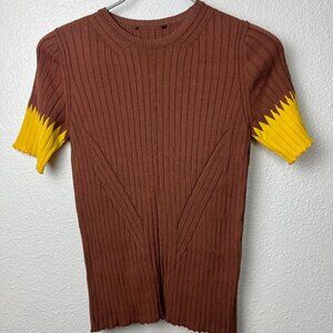 Brown & Yellow Short Sleeve Woolen Blouse – Stylish and Breathable